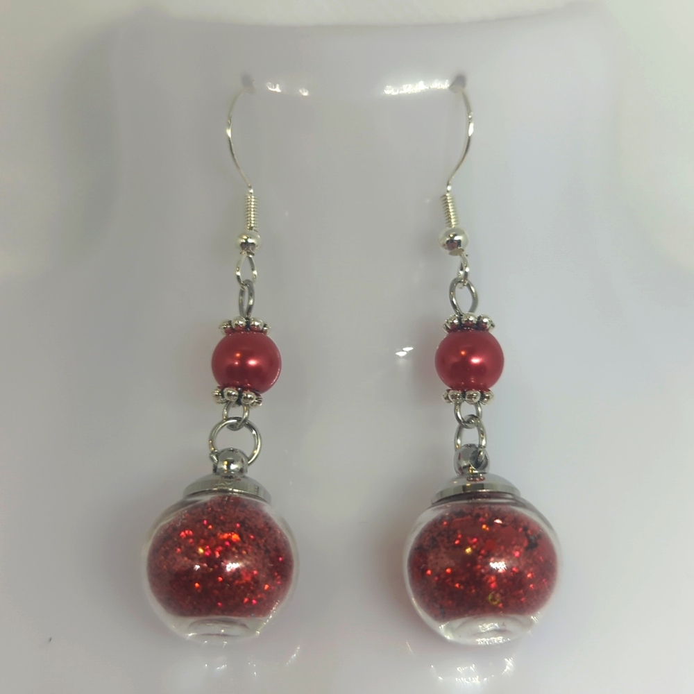 Handmade Red Pearl and Glitter Ball Earrings